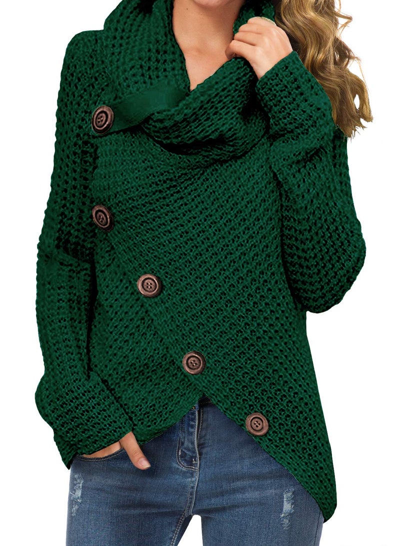 GRECERELLE Women's Fall Chunky Turtleneck Long Sleeve Asymmetric Hem Loose Knit Pullover Sweaters Tops, Dark Green, M - Image 1
